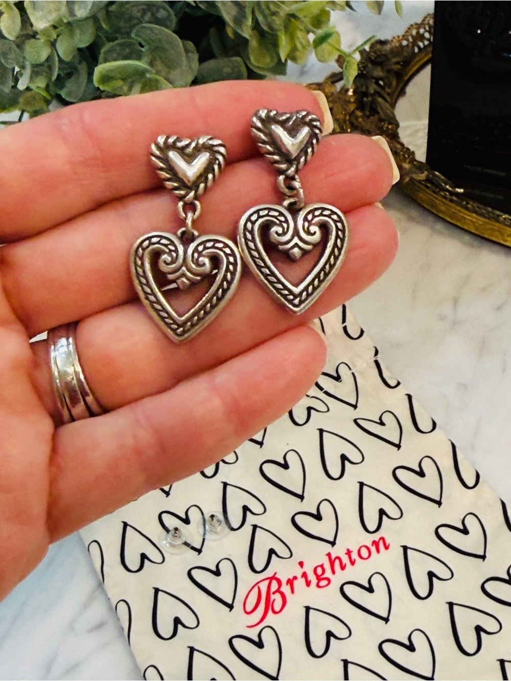 Retired Brighton Silver Heart Dangle Drop Earrings with Dust Bag